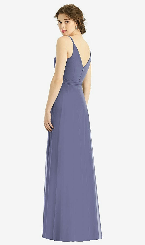 Back View - French Blue Draped Wrap Chiffon Maxi Dress with Sash