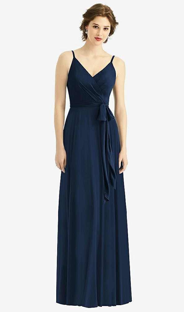 Front View - Midnight Navy Draped Wrap Chiffon Maxi Dress with Sash