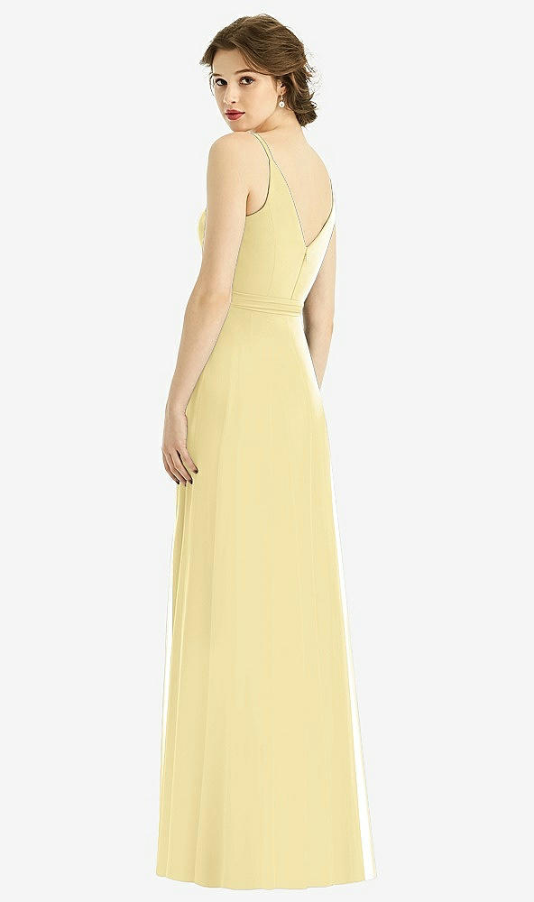 Back View - Pale Yellow Draped Wrap Chiffon Maxi Dress with Sash