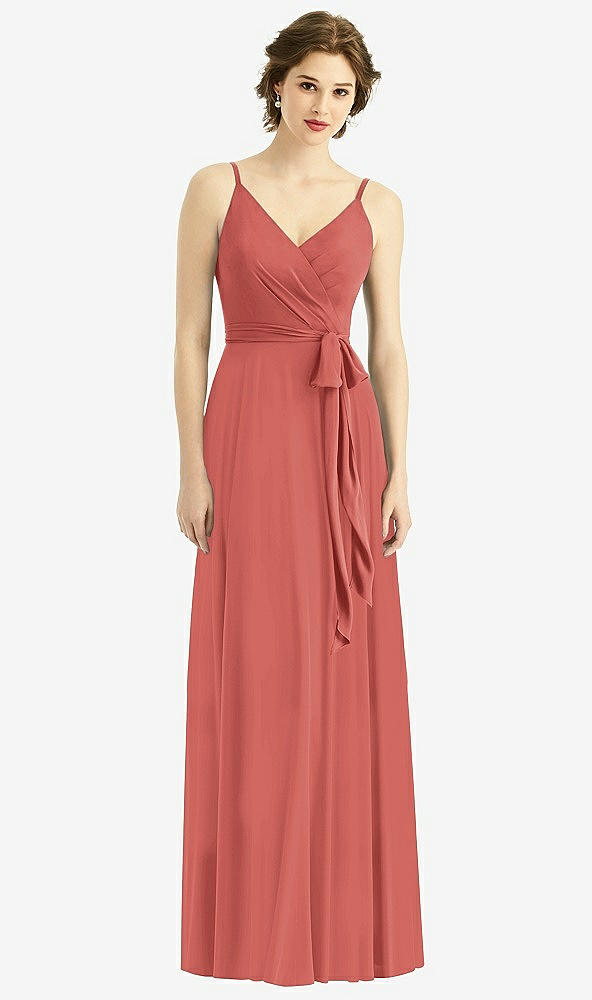 Front View - Coral Pink Draped Wrap Chiffon Maxi Dress with Sash