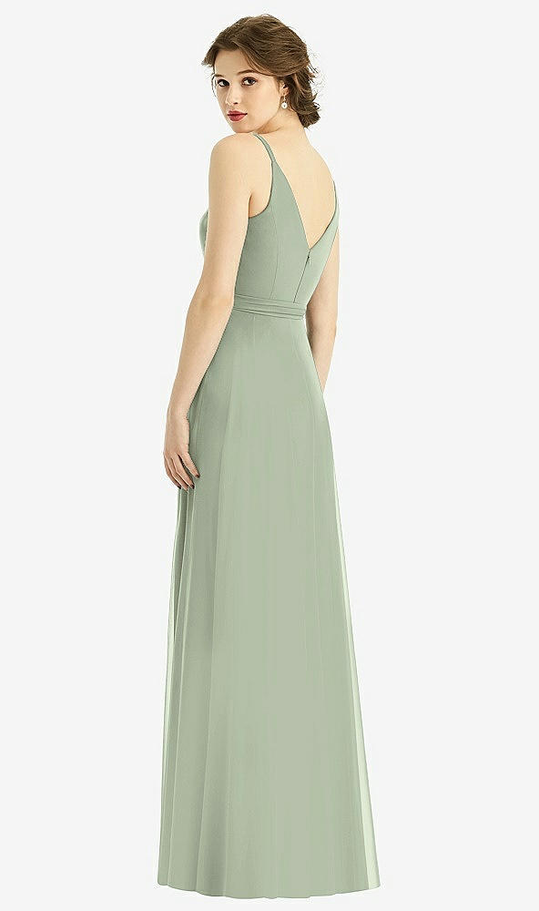 Back View - Sage Draped Wrap Chiffon Maxi Dress with Sash