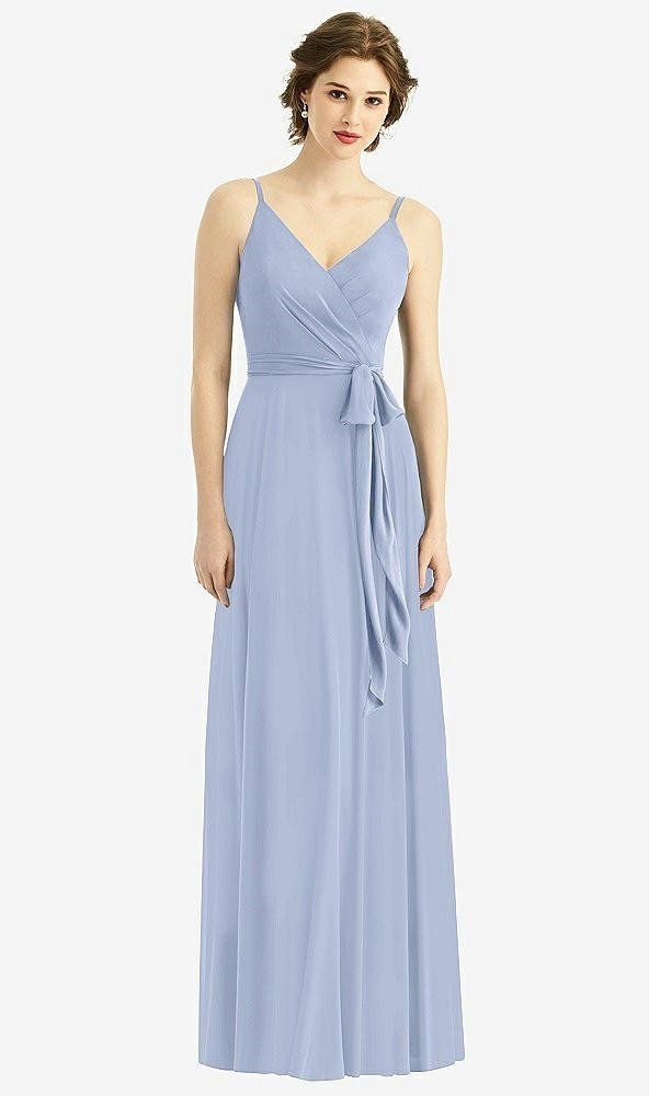 Front View - Sky Blue Draped Wrap Chiffon Maxi Dress with Sash