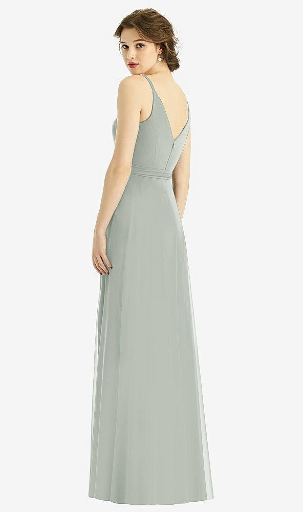 Back View - Willow Green Draped Wrap Chiffon Maxi Dress with Sash