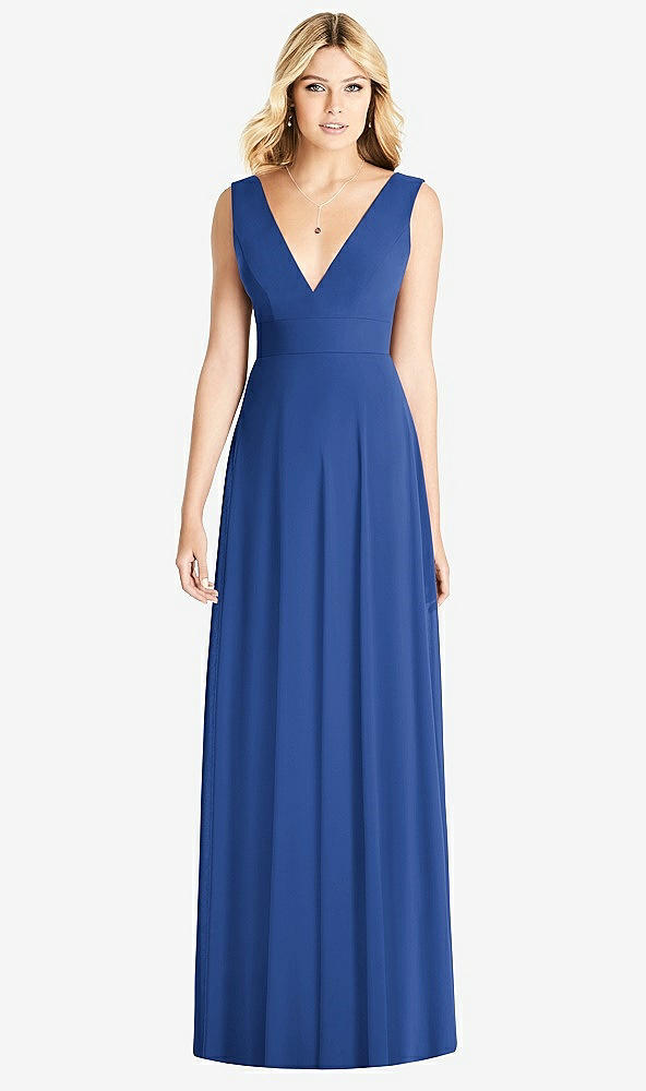 Front View - Classic Blue Sleeveless Deep V-Neck Open-Back Dress