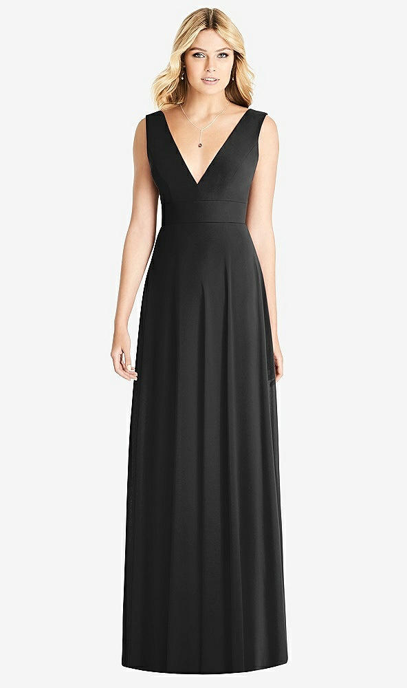 Front View - Black Sleeveless Deep V-Neck Open-Back Dress