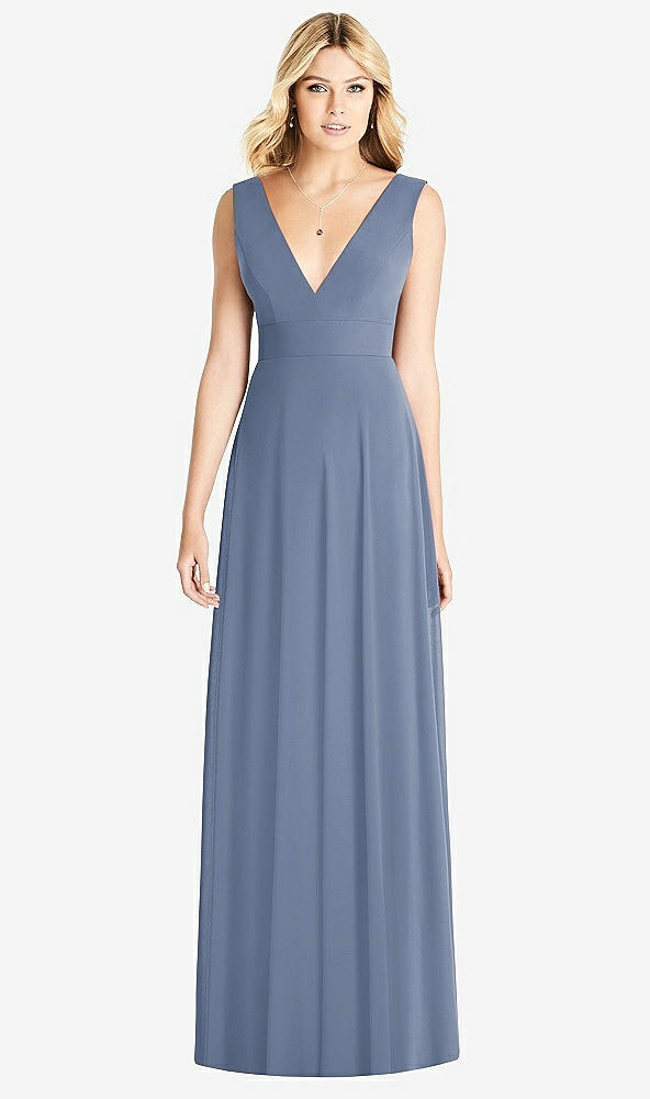 Front View - Larkspur Blue Sleeveless Deep V-Neck Open-Back Dress