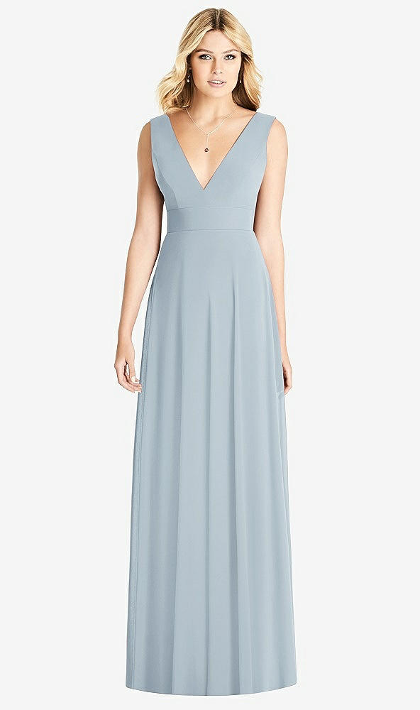 Front View - Mist Sleeveless Deep V-Neck Open-Back Dress