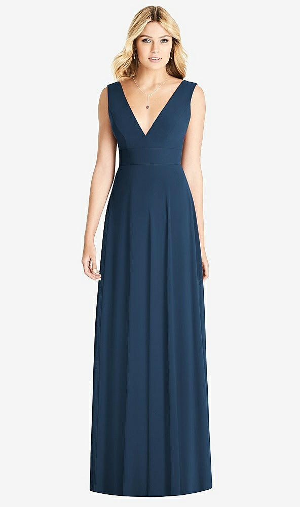 Front View - Sofia Blue Sleeveless Deep V-Neck Open-Back Dress