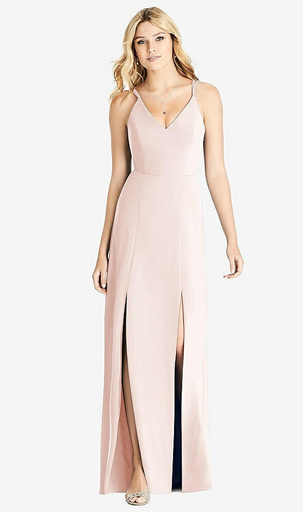 Front View - Blush Dual Spaghetti Strap Crepe Dress with Front Slits