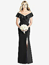 Front View Thumbnail - Black Off-the-Shoulder Draped Ruffle Faux Wrap Trumpet Gown