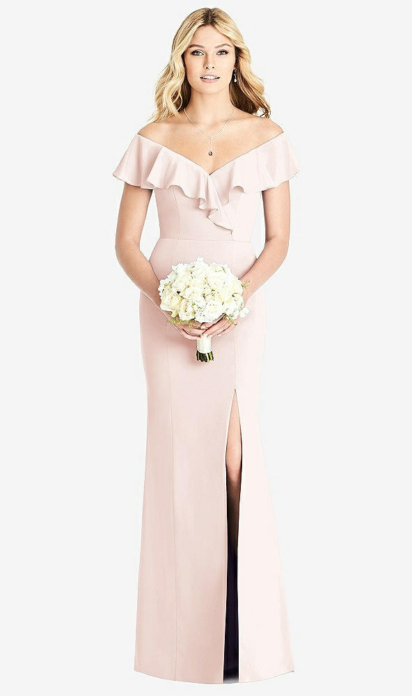 Front View - Blush Off-the-Shoulder Draped Ruffle Faux Wrap Trumpet Gown