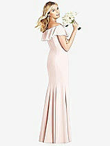 Rear View Thumbnail - Blush Off-the-Shoulder Draped Ruffle Faux Wrap Trumpet Gown