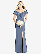 Front View Thumbnail - Larkspur Blue Off-the-Shoulder Draped Ruffle Faux Wrap Trumpet Gown