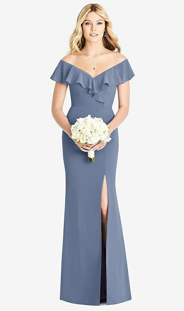 Front View - Larkspur Blue Off-the-Shoulder Draped Ruffle Faux Wrap Trumpet Gown