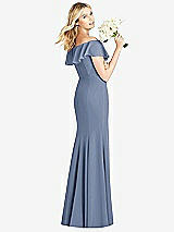 Rear View Thumbnail - Larkspur Blue Off-the-Shoulder Draped Ruffle Faux Wrap Trumpet Gown