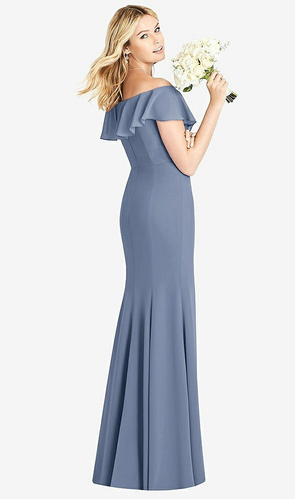 Back View - Larkspur Blue Off-the-Shoulder Draped Ruffle Faux Wrap Trumpet Gown