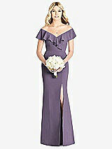 Front View Thumbnail - Lavender Off-the-Shoulder Draped Ruffle Faux Wrap Trumpet Gown