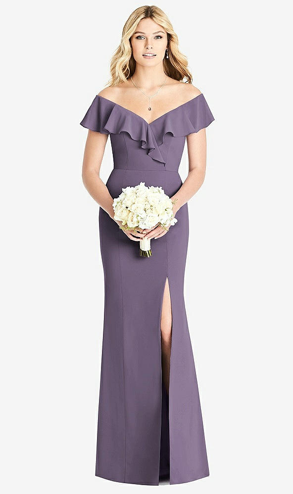 Front View - Lavender Off-the-Shoulder Draped Ruffle Faux Wrap Trumpet Gown