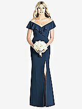 Front View Thumbnail - Sofia Blue Off-the-Shoulder Draped Ruffle Faux Wrap Trumpet Gown