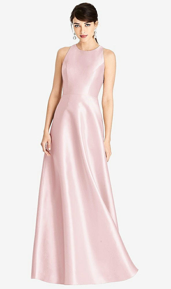 Front View - Ballet Pink Sleeveless Open-Back Satin A-Line Dress