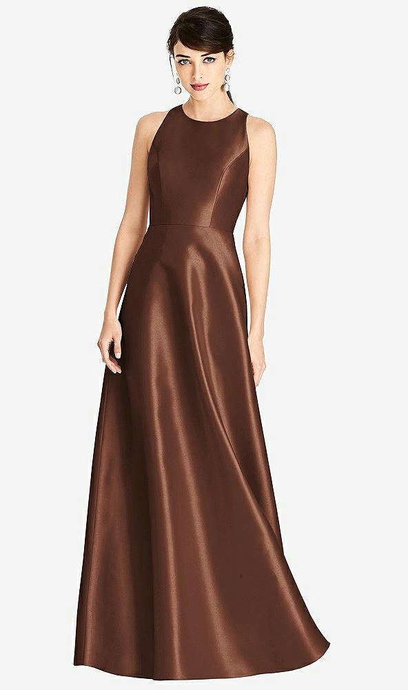 Front View - Cognac Sleeveless Open-Back Satin A-Line Dress