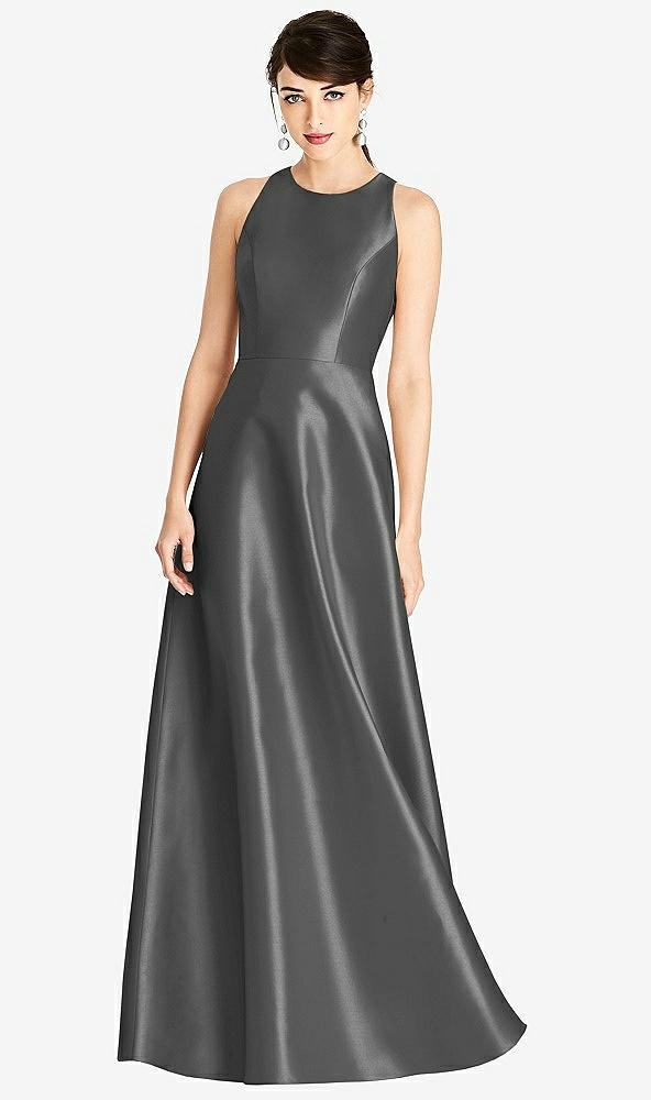 Front View - Gunmetal Sleeveless Open-Back Satin A-Line Dress