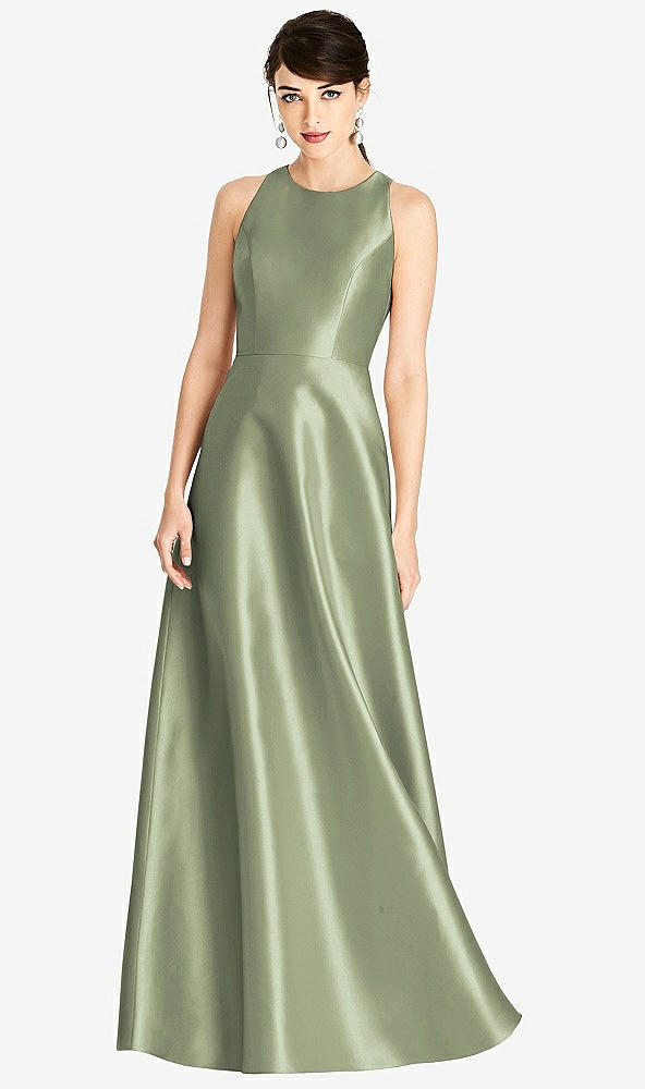 Front View - Sage Sleeveless Open-Back Satin A-Line Dress