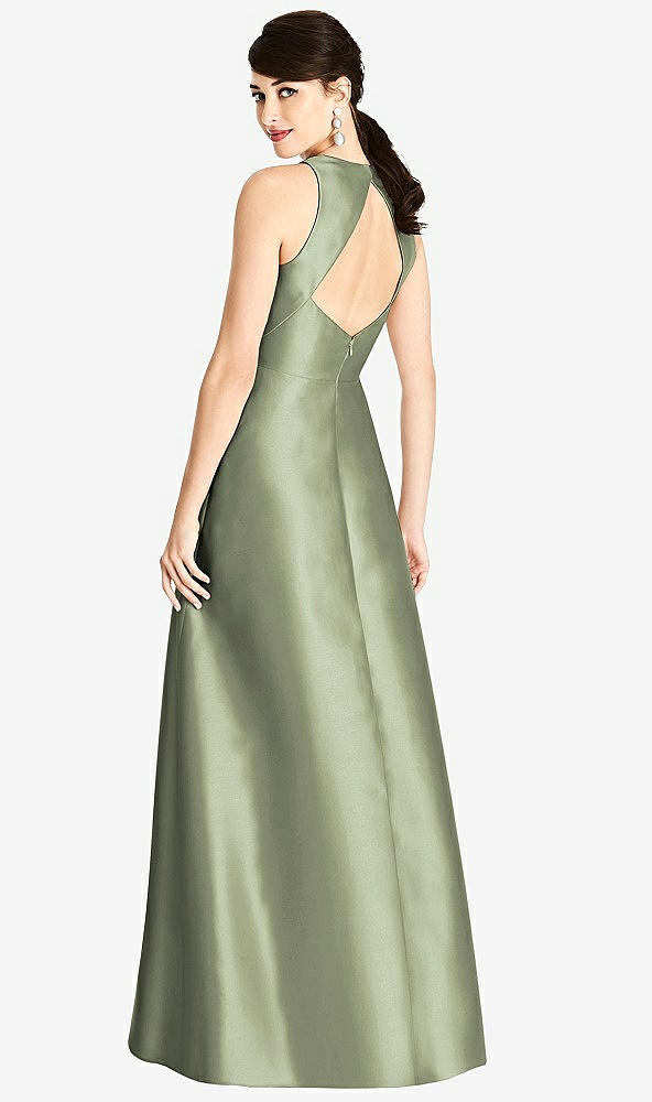 Back View - Sage Sleeveless Open-Back Satin A-Line Dress