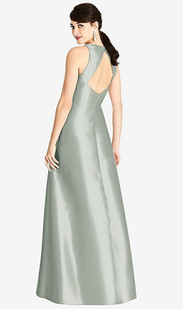 Back View - Willow Green Sleeveless Open-Back Satin A-Line Dress