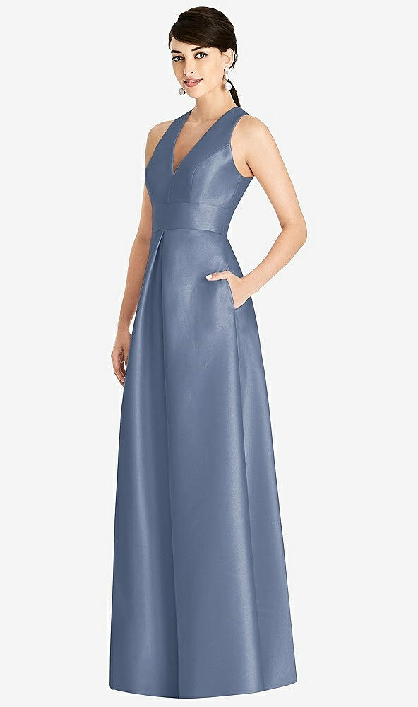 Front View - Larkspur Blue Sleeveless Open-Back Pleated Skirt Dress with Pockets