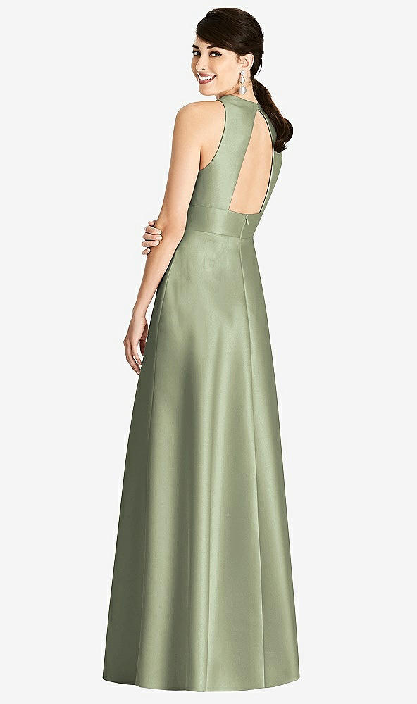 Back View - Sage Sleeveless Open-Back Pleated Skirt Dress with Pockets