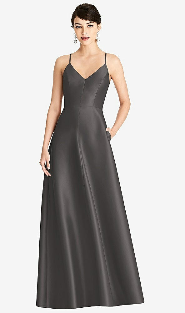 Front View - Caviar Gray V-Neck Full Skirt Satin Maxi Dress