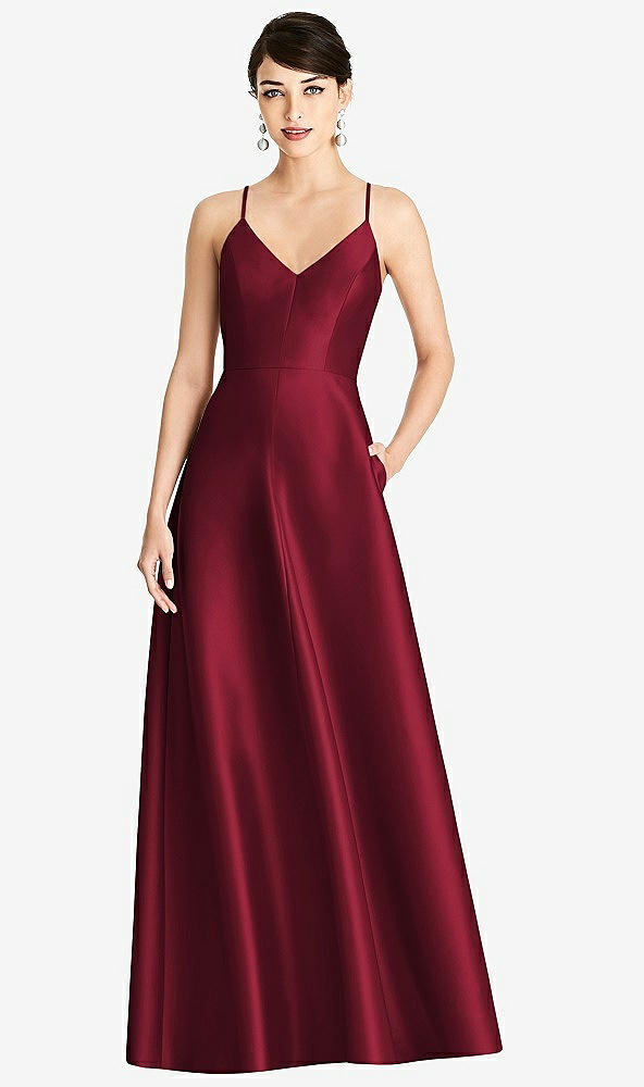 Front View - Burgundy V-Neck Full Skirt Satin Maxi Dress