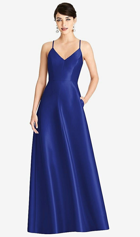 Front View - Cobalt Blue V-Neck Full Skirt Satin Maxi Dress