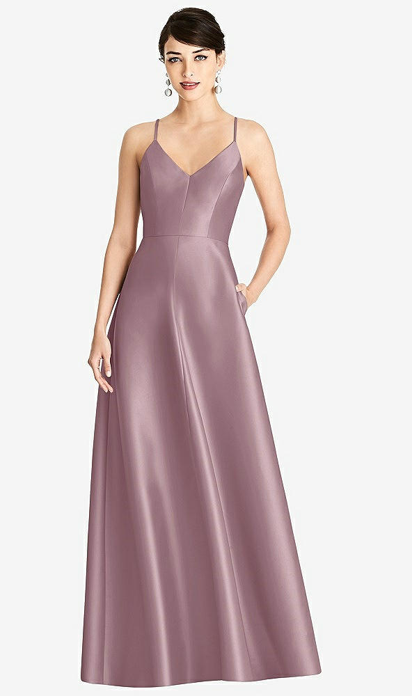 Front View - Dusty Rose V-Neck Full Skirt Satin Maxi Dress