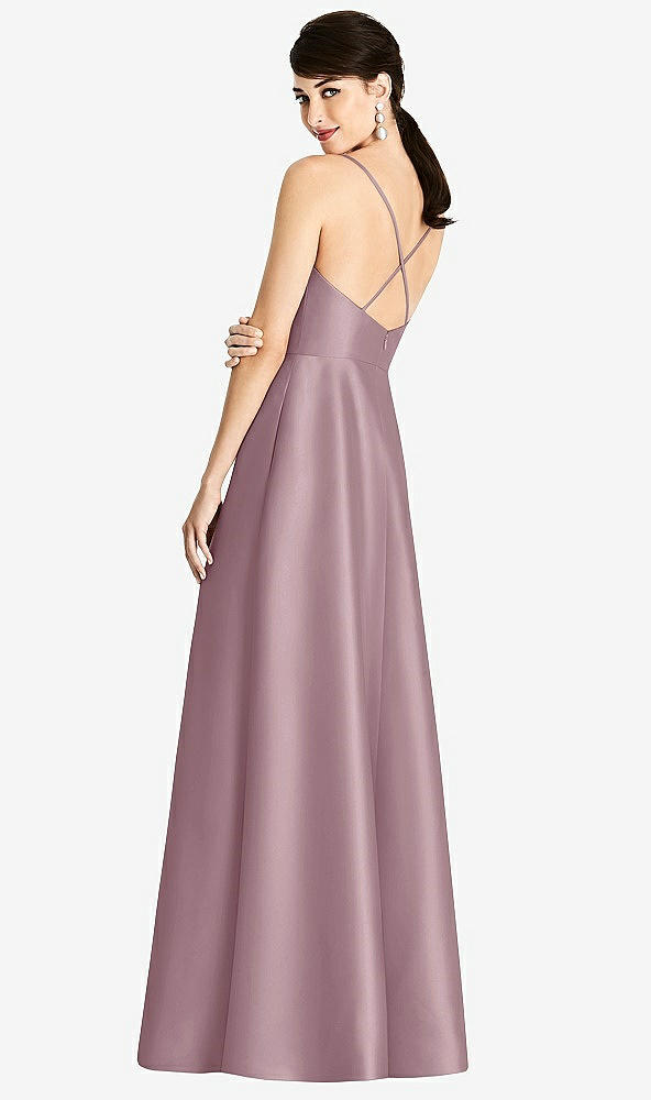 Back View - Dusty Rose V-Neck Full Skirt Satin Maxi Dress