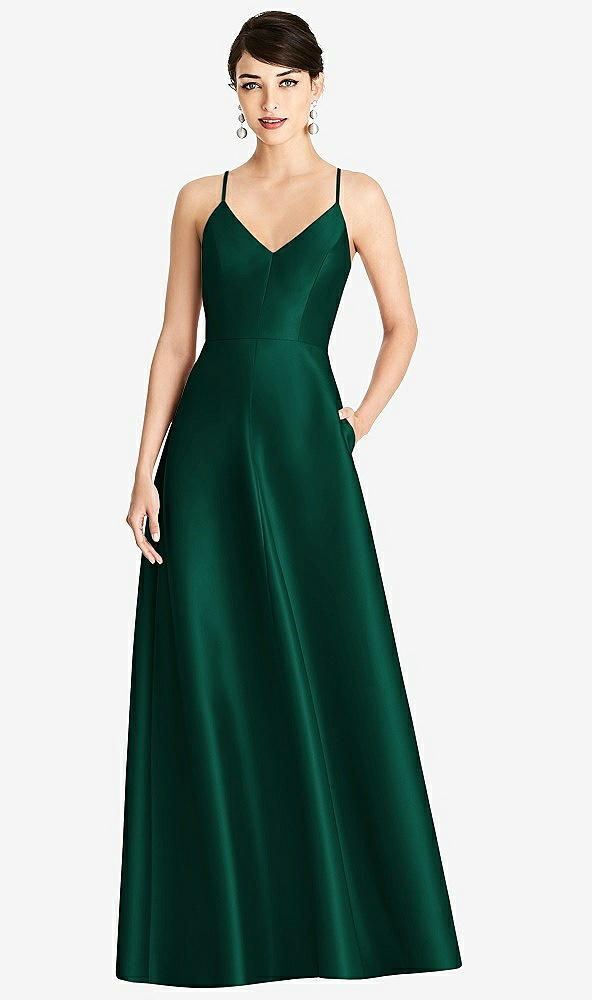 Front View - Hunter Green V-Neck Full Skirt Satin Maxi Dress