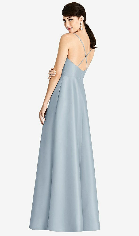 Back View - Mist V-Neck Full Skirt Satin Maxi Dress