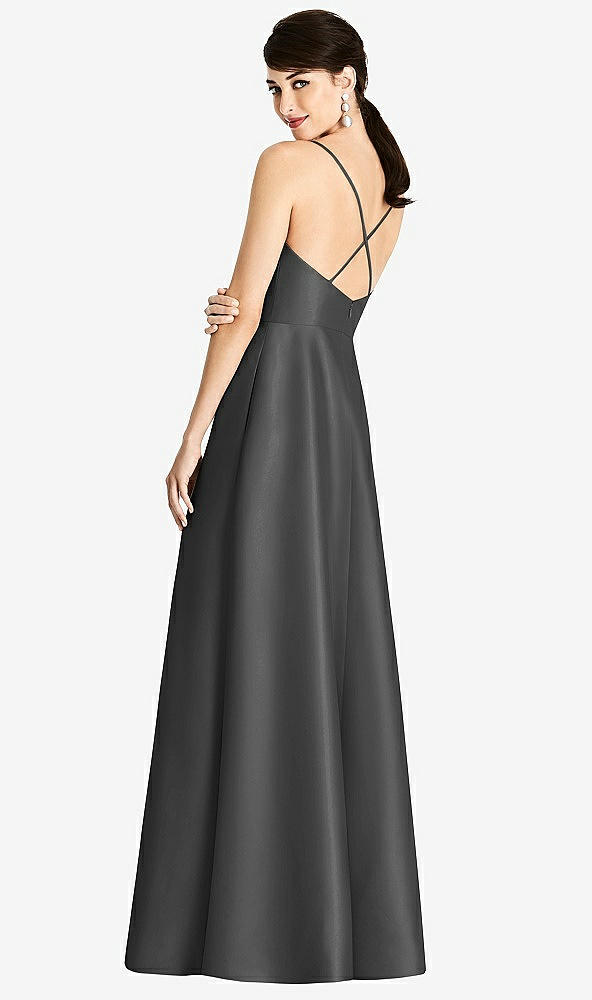 Back View - Pewter V-Neck Full Skirt Satin Maxi Dress