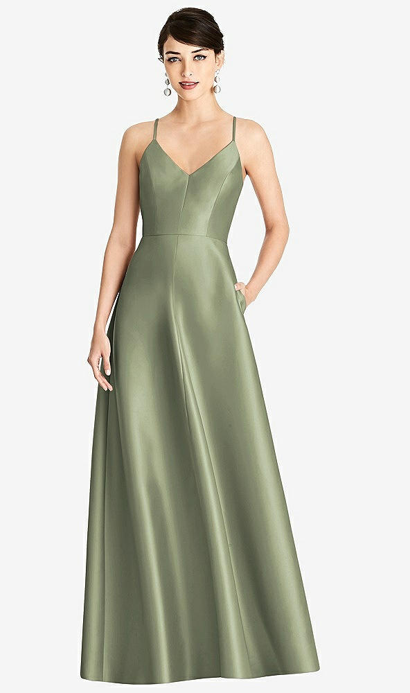 Front View - Sage V-Neck Full Skirt Satin Maxi Dress