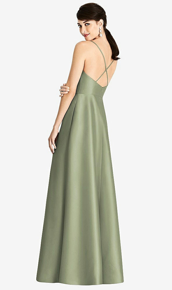 Back View - Sage V-Neck Full Skirt Satin Maxi Dress