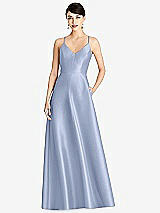 Front View Thumbnail - Sky Blue V-Neck Full Skirt Satin Maxi Dress