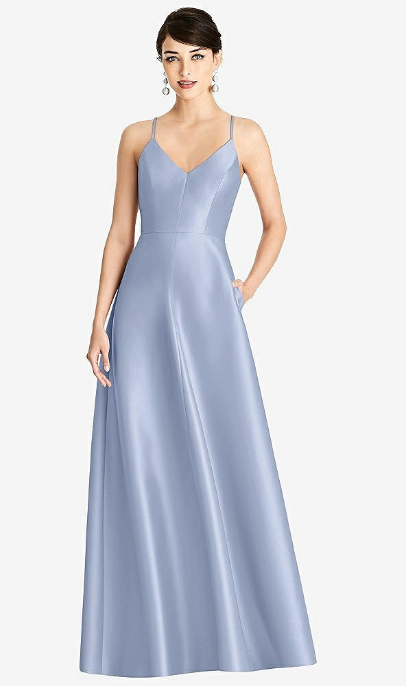 Front View - Sky Blue V-Neck Full Skirt Satin Maxi Dress