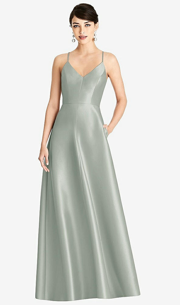 Front View - Willow Green V-Neck Full Skirt Satin Maxi Dress