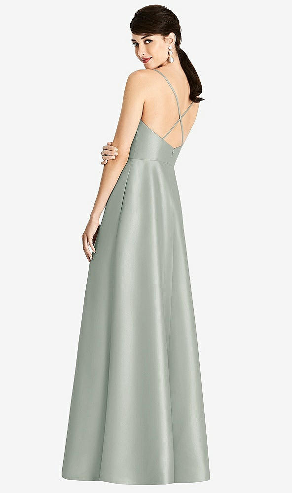 Back View - Willow Green V-Neck Full Skirt Satin Maxi Dress