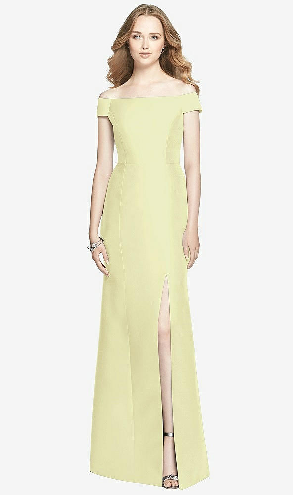 Front View - Butter Yellow Off-the-Shoulder Criss Cross Back Satin Dress