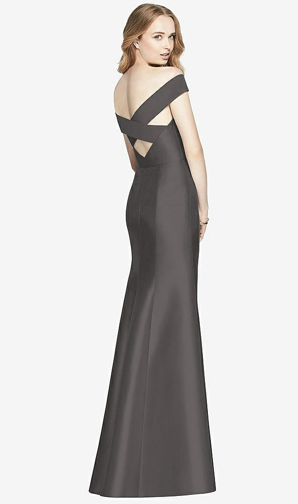 Back View - Caviar Gray Off-the-Shoulder Criss Cross Back Satin Dress