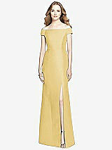 Front View Thumbnail - Maize Off-the-Shoulder Criss Cross Back Satin Dress