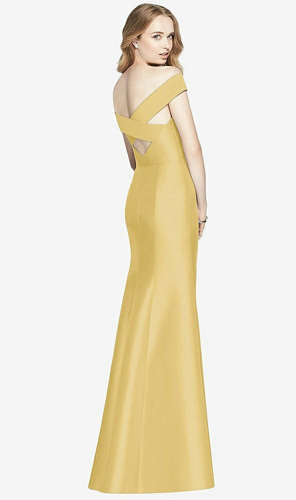 Back View - Maize Off-the-Shoulder Criss Cross Back Satin Dress