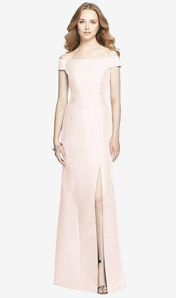 Front View - Blush Off-the-Shoulder Criss Cross Back Satin Dress